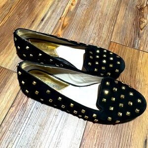Michael Kors Aria black suede flats with gold stud embellishments. Size 6.5